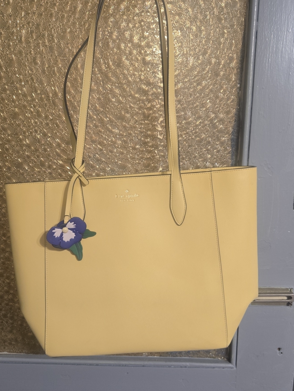 kate spade Yellow Leather Tote with Purple Floral Charm